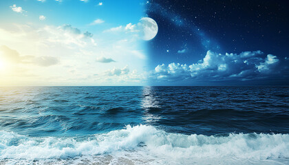 Sea on a sunny day and starry night, combined design