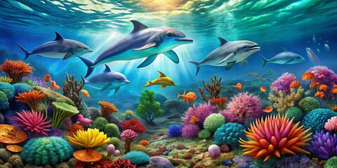 Fototapeta premium Vibrant Underwater Scene with Dolphins Gracefully Swimming Above a Lush Coral Reef, Colorful Fish and Diverse Marine Life Flourishing in a Sunlit Ocean