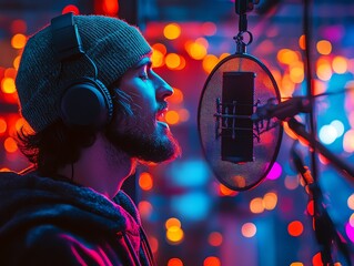 A vibrant streamer engaging with an audience, illuminated by colorful background lights, showcasing the excitement of online gaming.