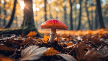Amanita Mushroom Growing in a Forest with Autumn Leaves and Sunlight
