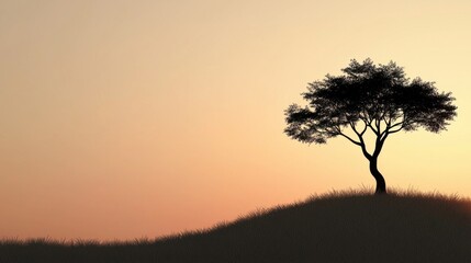 A solitary tree with sprawling branches standing on a gentle hill du sunset, captu nature's serenity and minimalist landscape elegance in warm tones