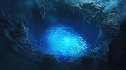 A glowing blue hole in the ocean floor, divers hesitating before the final plunge.