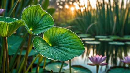 Fototapeta premium Lotus Pond Landscape with Dew Drops and Warm Sunset Lighting