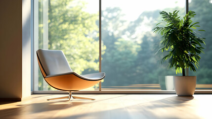 Bright Interior with White Chair Plant and Large Window Overlooking Green Trees and Natural Light Shining on Wooden Floor with AI Defects