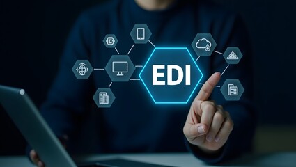EDI, Electronic Data Interchange Concept. Businessman touching on EDI (Electronic Data Interchange) icons, global data transfer, digital security, information paperwork exchange in business context,
