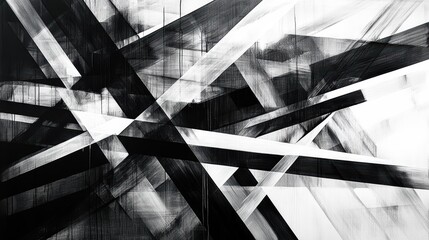 Abstract black and white artwork with dynamic lines creating complexity and depth through contrasting shapes and textures in a modern design aesthetic