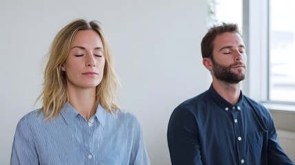 Two individuals practice mindful meditation together, promoting wellness and relaxation in a calm setting. Focus on inner peace and tranquility.