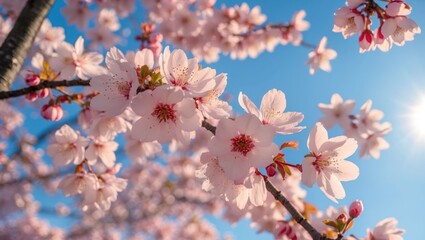 Blooming Cherry Blossoms against Bright Blue Sky on a Sunny Day