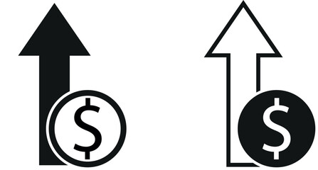 black and white dollar coin with up arrow icon representing financial growth and money increase	
