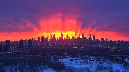 Naklejka premium Fiery Chicago Skyline at Sunrise
