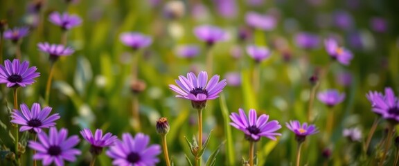 A vibrant purple flower field, a single bloom in sharp focus, peaceful, background, detail