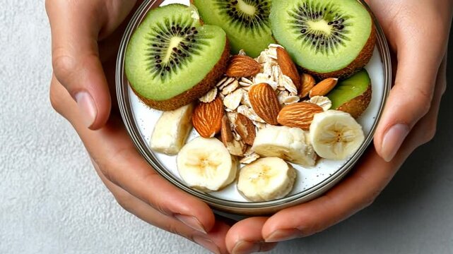 Fresh and Healthy Snack Bowl with Kiwi, Banana, Almonds, and Oats in a Person's Hands