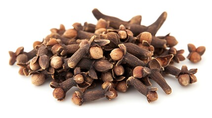 Obraz premium Aromatic Brown Cloves Pile Isolated on White Backdrop, Spice Buds CloseUp Shot