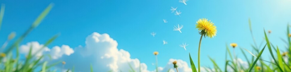 Delicate dandelion seeds drift on a vibrant blue sky , background, spring