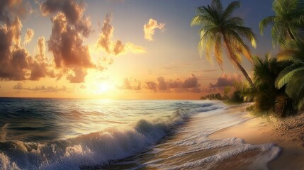 Golden Sunrise over an ocean scene with palm trees and beach