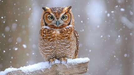 Majestic owl perched on frosty branch amidst falling snowflakes in serene winter landscape. Winter wildlife portrait of solitary predator with sharp eyes and fluffy feathers in cold weather. 