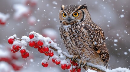 Majestic owl perched on frosty branch amidst falling snowflakes in serene winter landscape. Winter wildlife portrait of solitary predator with sharp eyes and fluffy feathers in cold weather. 