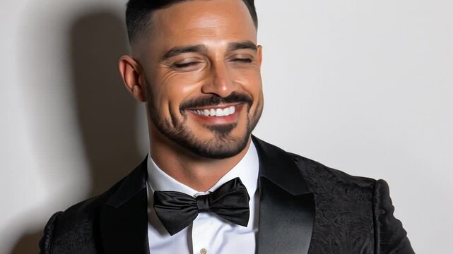 Stylish man in tuxedo with bow tie smiling confidently against a light background in a modern indoor setting