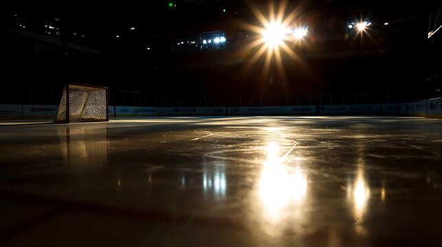 Empty hockey rink at night, illuminated by a spotlight.