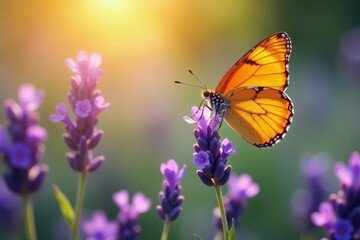 Orange butterfly perched on lavender, sunlight , summer, detail