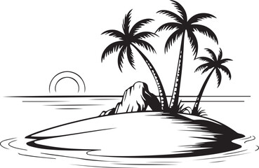 Peaceful ocean landscape with palm trees on a small deserted island drawn in a clean minimalist style using blue ink on a white canvas highlighting calm waters and open sky