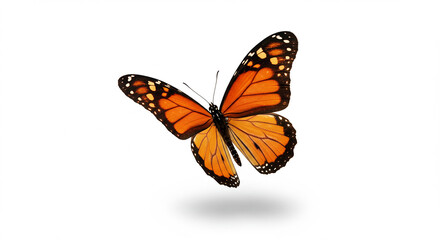 Orange butterfly on white background. Insect with black markings on its wings is fluttering. Animal isolated with shadow. Colorful butterfly is flying.