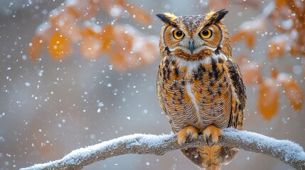 Majestic owl perched on frosty branch amidst falling snowflakes in serene winter landscape. Winter wildlife portrait of solitary predator with sharp eyes and fluffy feathers in cold weather. 