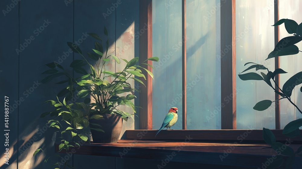 Poster Tropical bird on a window sill with sunlight filtering in 