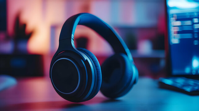 Close Up of Dark Headphones on Desk with Blurred Monitor and Neon Lighting Reflecting in Workspace Setting