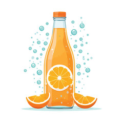 a glass bottle of orange soda with bubbles and an orange slice label