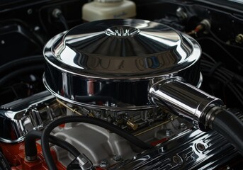 Fototapeta premium Classic car engine with polished chrome air filter showcased in a garage setting