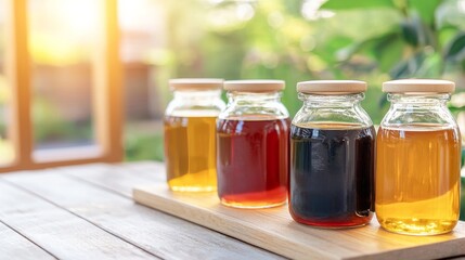 Traditional Fish Sauce Jars on Wooden Tray Under Sunlight with Greenery Background