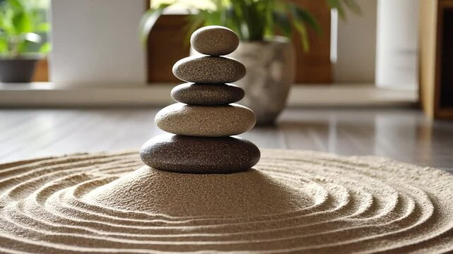 Zen stones balanced on sand mandala