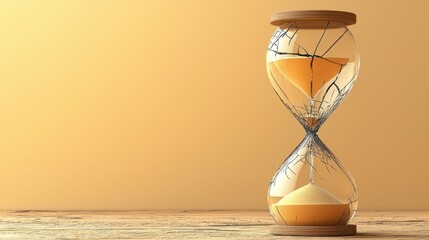 Elegant glass hourglass with flowing sand symbolizing time passing and the concept of fleeting moments, placed on a wooden surface against a warm gradient background