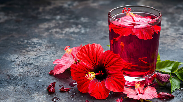 un vaso de agua fresca de flor de jamaica refrescante y saludable deliciosa bebida saludable y nutritiva con antioxidantes con flores de jamaica frescas alrededor
