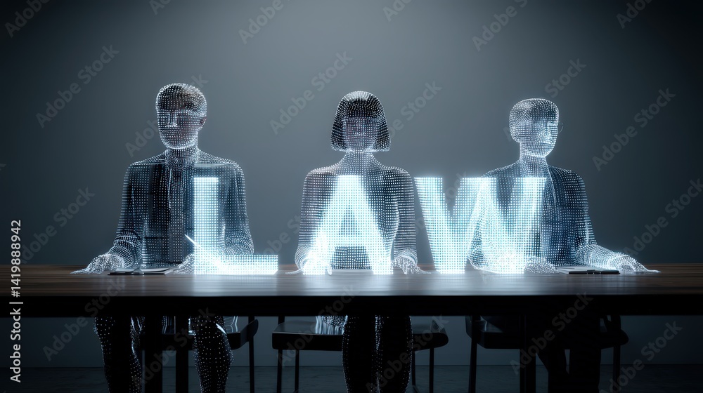 Poster group of three professionals sitting at a table engaged in discussion with futuristic law-themed hol
