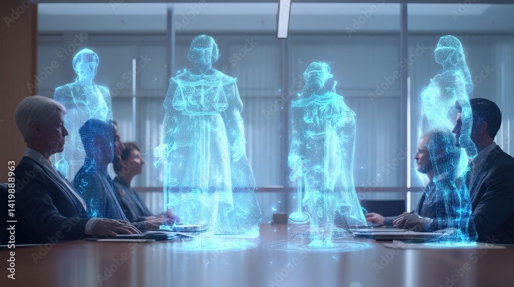 Poster man in suit and tie sitting at table with group of professionals in suits engaged in futuristic law-