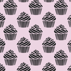 seamless pattern with cupcake in black colors on pink background.