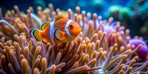 A Vibrant Orange and White Clownfish Rests Amongst the Delicate Tentacles of a Sea Anemone in a Stunning Underwater Scene