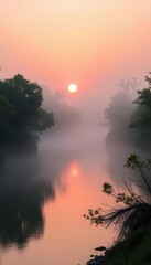 Fototapeta premium Sunrise mist shrouds a calm river, serene and tranquil, serene, orange