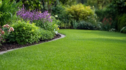 Obraz premium Well Maintained Garden with Vibrant Flowers and Lush Green Grass Under Soft Sunlight
