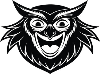 ghost type owl cartoon character head icon, smiling owl horror face silhouette icon, symbol of wow, emotion, smiling reaction face owl, halloween horror owl head, cute owl face on white background.