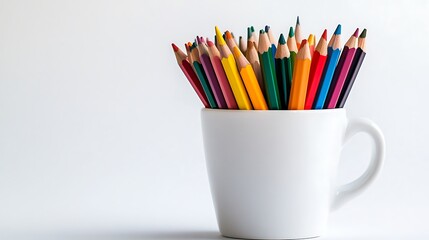 Fototapeta premium Colorful Pencils in White Mug on Plain Backdrop, Sharpened Tip Wooden, Bright Shade