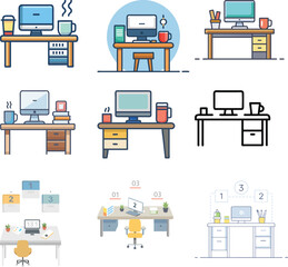 Office Workspace: An office desk icon with a computer, notebook, and coffee 
cup. 