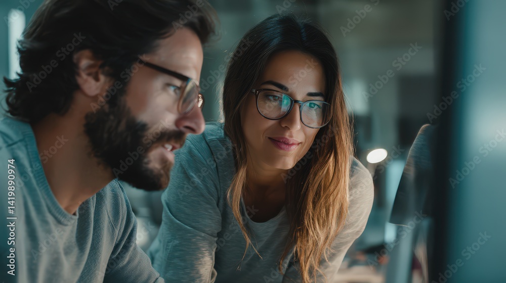 Poster Man and woman engaged in contract review using computer and ai tools in a contemporary office environment