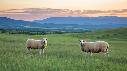 Fototapeta premium Two sheep standing peacefully in a vibrant green field