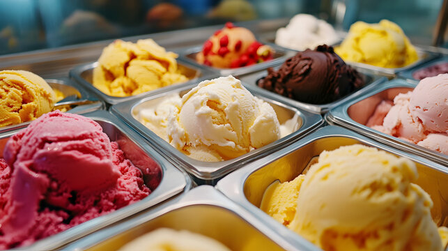 bolas de nieve de helado en recipientes dentro de un congelador en una heladeria comida deliciosa postre refrescante de diferentes sabores 