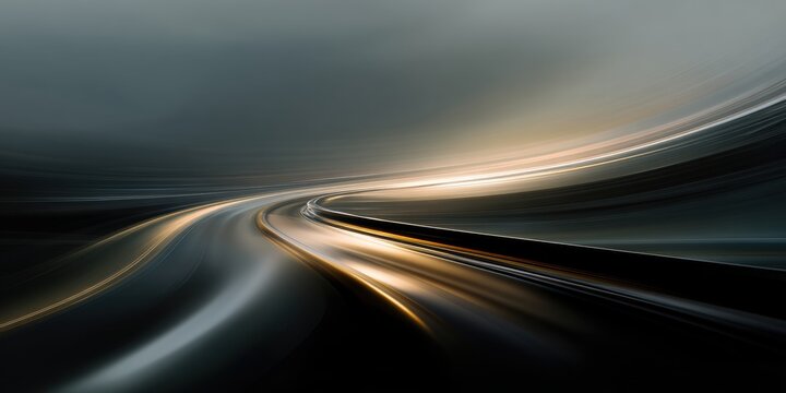 An abstract representation of a never-ending road, with long, sweeping lines in shades of dark grey, black, and muted gold. The road stretches into the distance, fading into a misty horizon.