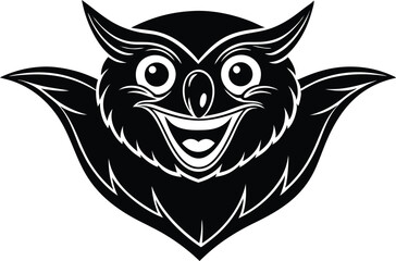 ghost type owl cartoon character head icon, smiling owl horror face silhouette icon, symbol of wow, emotion, smiling reaction face owl, halloween horror owl head, cute owl face on white background.