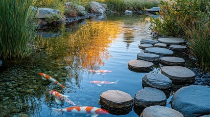 Colorful koi fish swimming in a peaceful garden pond water